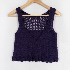 Handmade Crochet Crop Top Tank Sz XS/S Dark Purple Deep V Neck Scalloped Hem